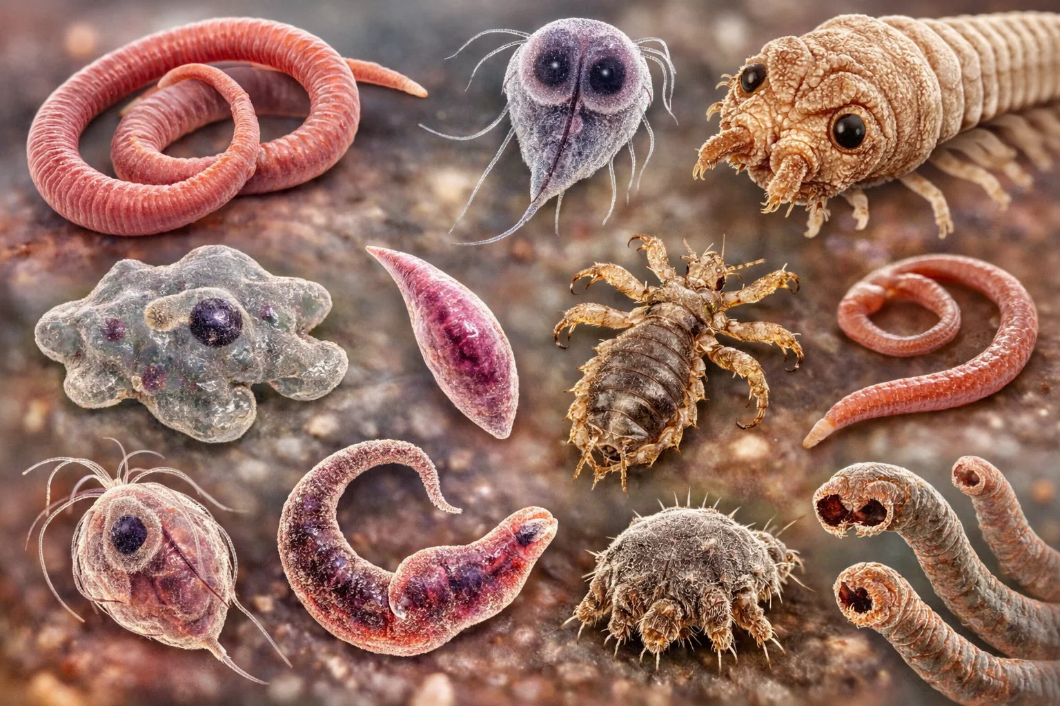 Microscopic view of various types of parasites found in the human body, showing their structure and characteristic features