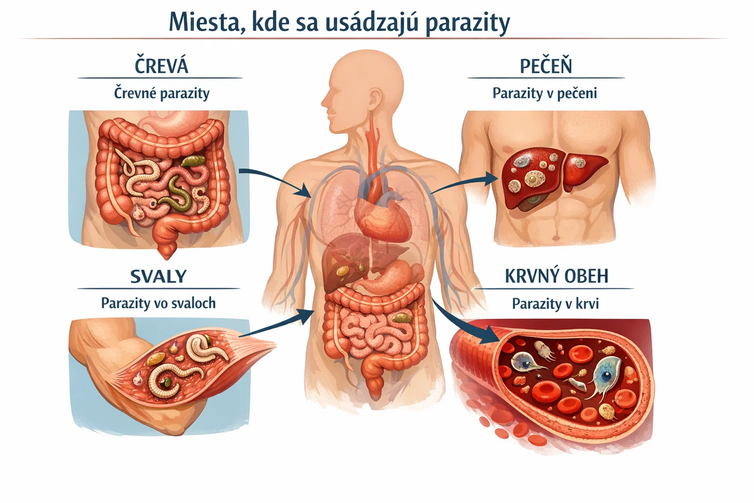 Illustration of various parts of the human body with marked typical locations where parasites settle - intestines, liver, muscles and bloodstream