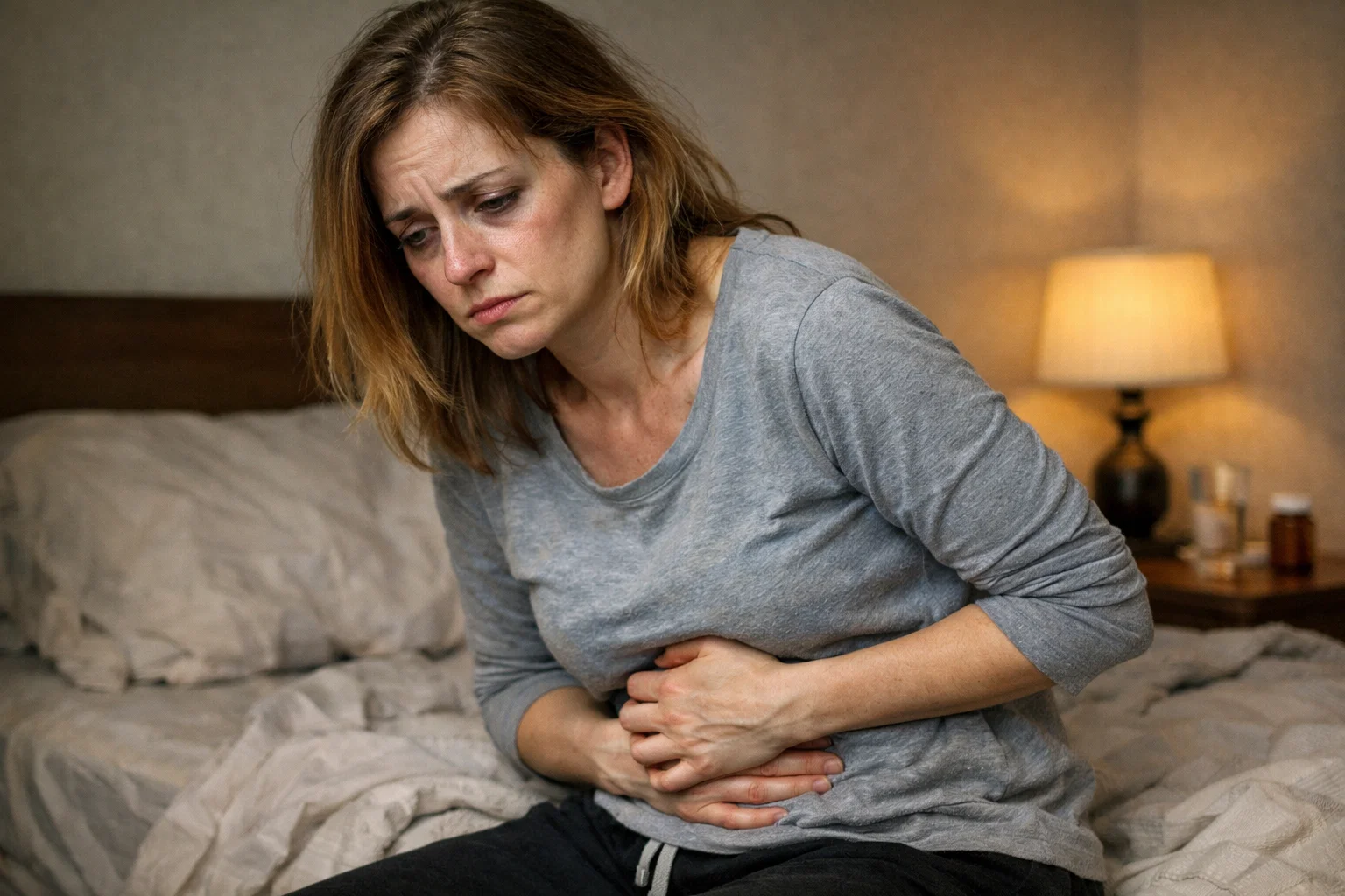 Person with visible symptoms of a parasitic infection - fatigue, abdominal pain, holding their stomach, looking sick and exhausted